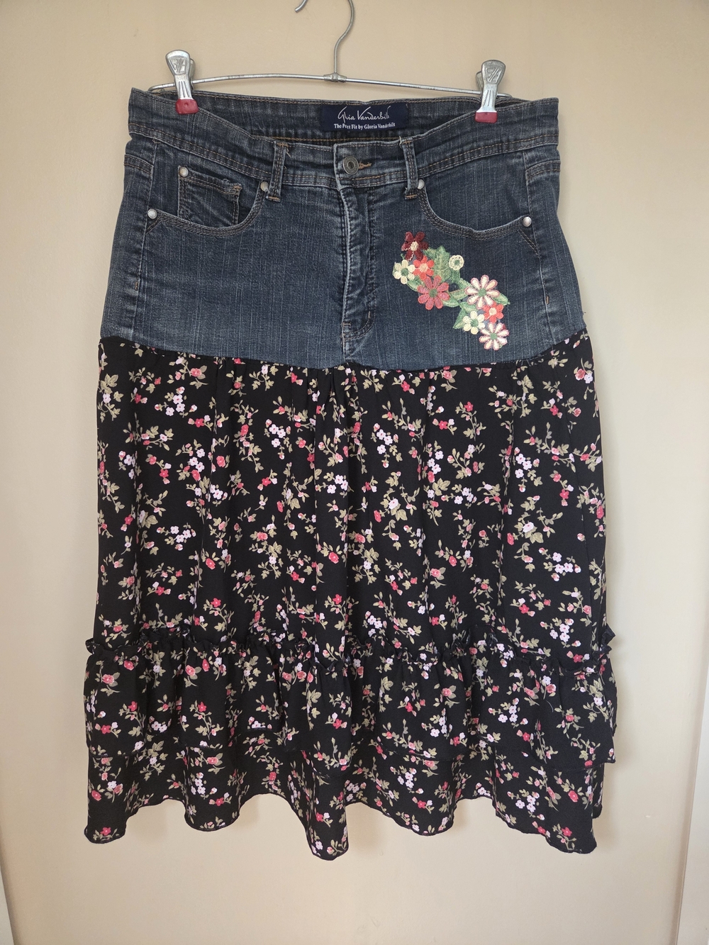 One Of A Kind Black Floral Tiered Midi Skirt with Denim Waist